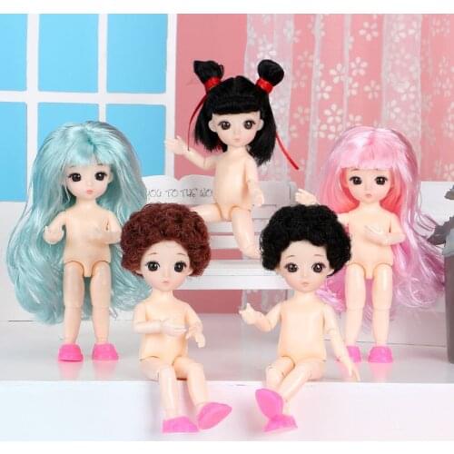 BJD Dolls 13 Ball Joint Doll with 3D Eyes 17cm Doll Long Wig Hair Female Naked Nude Body Dolls Toy for Girls Fashion Doll