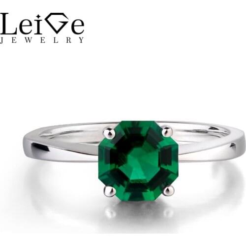 Leige Jewelry Lab Emerald Octagon Cut Anniversary Solitaire Rings For Woman 925 Sterling Silver May Birthstone Rings