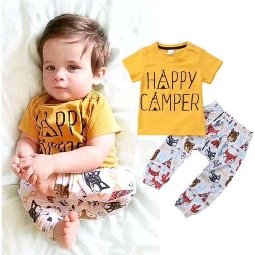 Newborn Infant Baby Boys Girls Summer Casual Clothes 2PCS Short Sleeve Letter Print Yellow T-Shirts Tops Cartoon Long Pants