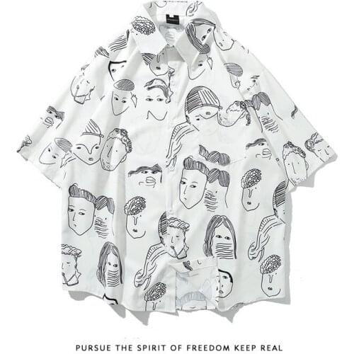 2021 New Summer Harajuku Style Loose Hawaiian Shirt Black White Print Shirt for Man Blousing Blouse Leisure Shirt Clothing