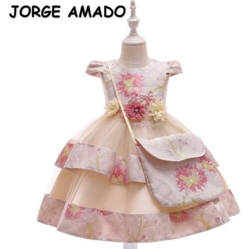 2021 New Spring Teenager Girls Dresses Lolita Style Short Sleeves Floral Dress for Party Wedding Piano Perform Kid Clothes E1005