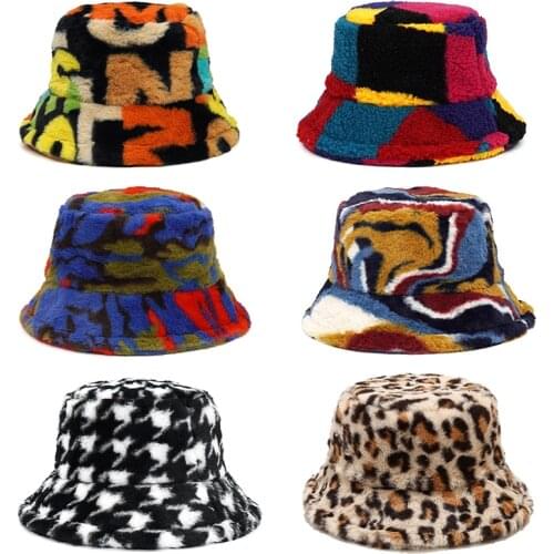 2021 Winter Bucket-Hats Fluffy Fur Men Women Panama Hat Fashion Warm Fisherman Cat Letter Rainbow Houndstooth Printed