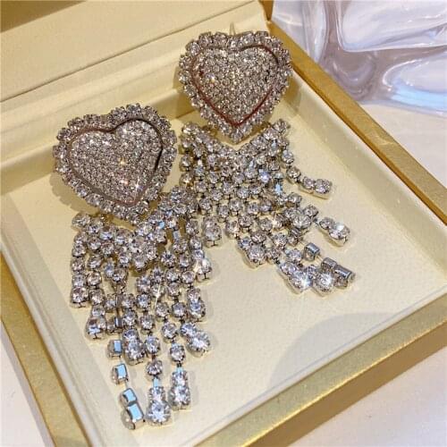 S925 Silver Needle Shining Rhinestone Love Long Fringe Earring Pendant Heart-shaped Earrings for Women