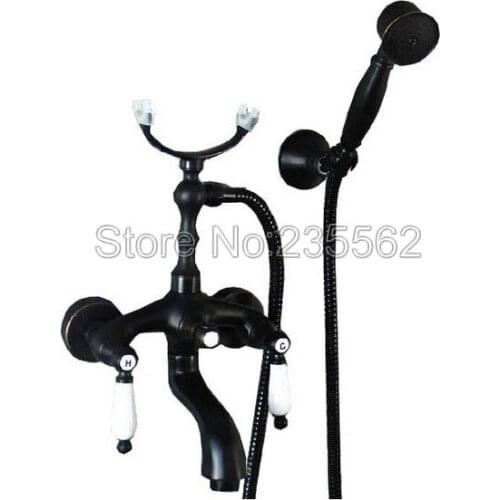 Black Oil Rubbed Bronze Bathroom Shower Bathtub Faucet Wall Mounted Dual Handle Cold & Hot Water Mixer Tap + Hand Shower ltf020