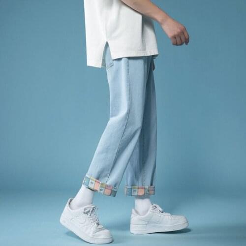 Loose Wide-leg Jeans With Cuffed Print Denim Cropped Trousers Male Unisex Youth Casual Straight-leg Pants Four Seasons Jean Thin