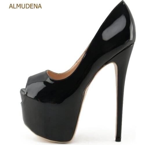 ALMUDENA Fantastic Nude Black Patent Leather Ultra High Heel Shoes 16cm Heel Wedding Shoes Platform Stiletto Heels Open Toe Shoe
