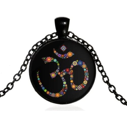Vintage Om Symbol Necklace Yoga Jewelry Aum Zen Purple Flower Art Pendant in Bronze or Round Photo Choker Necklace Black Chain