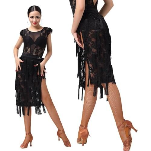 New Latin Dance Women Lace Deep V Backless Onesies Fringed Bandage Dress Samba Costume Competition Performance Wear Set PY016