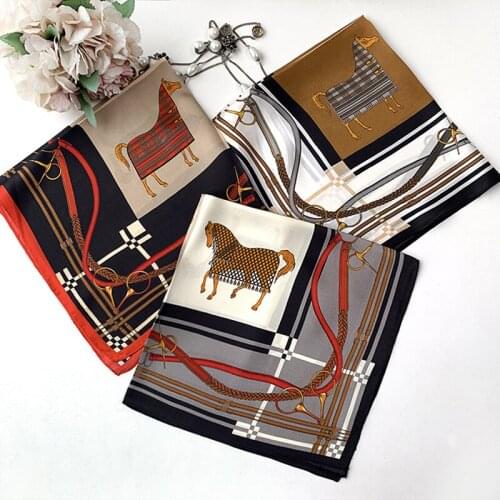 Luxury 100% Silk Scarf Women Fashion Small Bandana Headband Horse Print Neck Hairband Turban Bow Tied 53*53cm