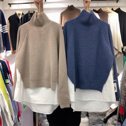 Turtleneck Sweater Women 2021 Spring New Korean Style Loose Contrast Color Shirt Patchwork Knitting Pullover Jumpers
