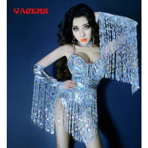 New Bodysuits Style Shining Silver Sequins Tassel Bronzing Stretch Fabrics Women Bodysuit Singer Bar Stage Slim Leotard Jumpsuit