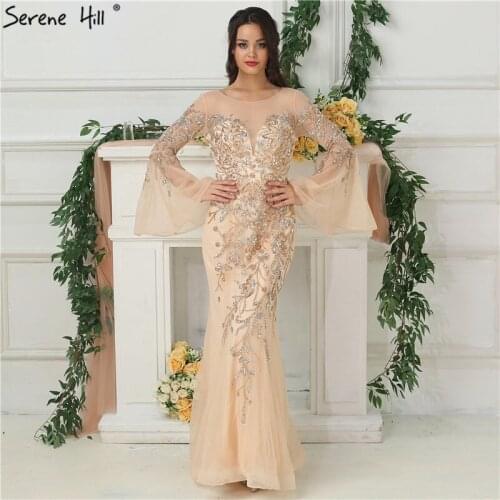 Sexy See Through Bell Sleeve Mermaid Evening Dresses 2020 Crystal Beaded Long Sleeve Prom Gown Robe De Soiree BLA6553