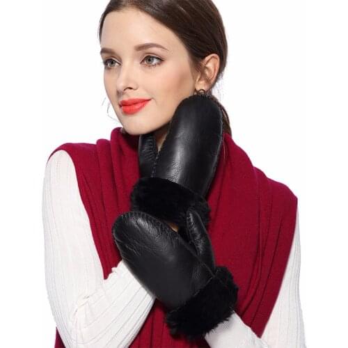 Winter Handmade Genuine Leather Gloves Women Fashion Warm Mittens Real Wool Fur Gloves Lovely Female Sheepskin Gloves