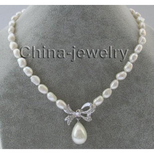 17" 11mm natural white baroque freshwater pearl necklace+16mm white shell pearl