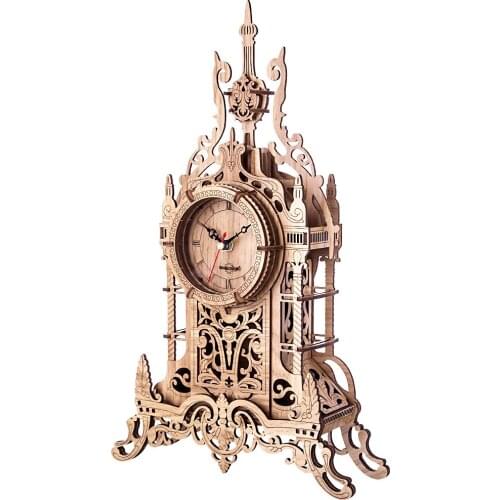 47Pcs DIY Wooden Laser Cutting 3D Belfry Table Clock Model Building Kits Clock Puzzle Model Kit - Oak Color