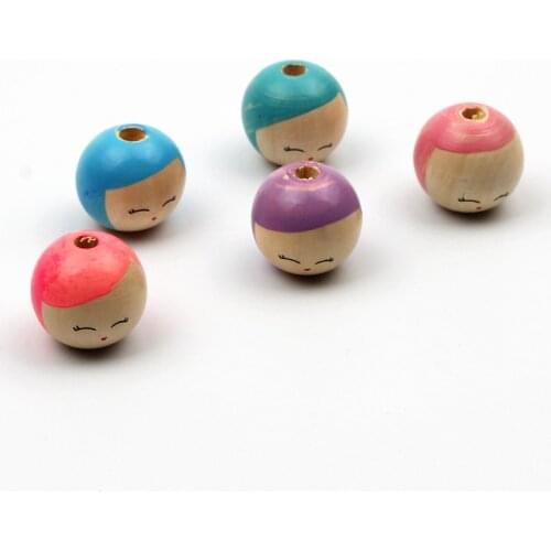 5pcs Natural Wood Beaded Dolls Smile 25mm Round Ball Wooden Spacer Beads For Jewelry Baby Pacifier Chain Diy