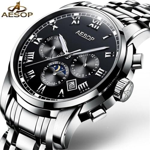 AESOP Automatic Mechanical Watch Men Luxury Brand Mens Watches Stainless steel Wristwatches Waterproof Moon phase relogio