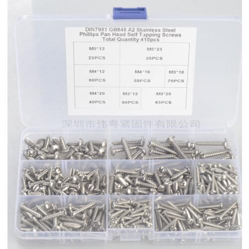 Free shipping 410 pcs 304 stainless steel m3 /4/5 cross countersunk flat head self tapping screw sets
