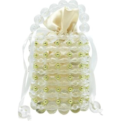 Boutique De FGG Transparent Pearl Beaded Women Mini Bucket Clutch Purse Evening Party Wedding Bag Shoulder Crossbody Handbags