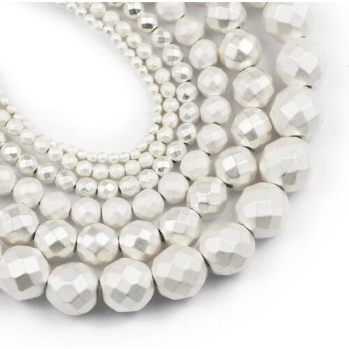 HGKLBB Natural Matte White Gold Hematite Stone Beads 2/3/4/6/8/10mm Faceted Round Loose Beads For Jewelry Making Diy bracelet