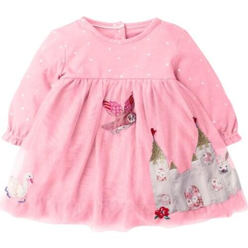 Kids Frocks 2021 Autumn Baby Girl Clothes Brand Dress Toddler Gift Casual Cotton Dot Castle Applique Dresses for Kids 2-7 Years