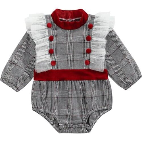 2021 0-24M Infant Baby Girl Romper Fashion Red Button Plaid Print Lace Shoulder Turtleneck Long Sleeve Playsuit Autumn Outfit