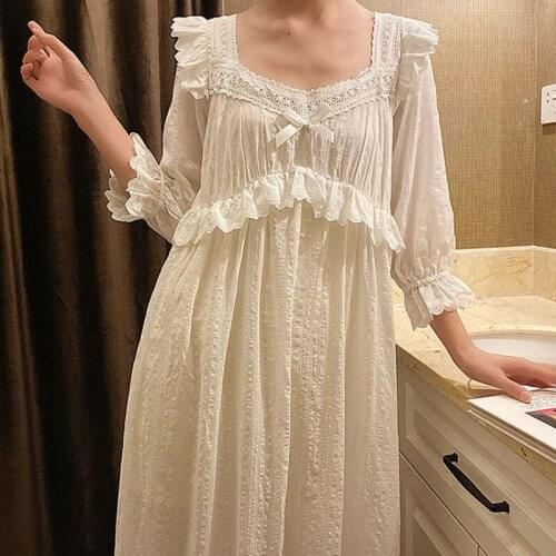 Pure Cotton Long Nightgowns Women Autumn White Fairy Vintage Peignoir Lolita Night Dress Victorian Romantic Princess Sleepwear