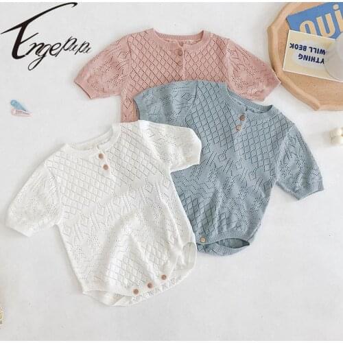 Engepapa Summer Toddler Baby Girl Knitting Romper Hollow Out Solid Color Short Sleeve Newborn Baby Girls Jumpsuit