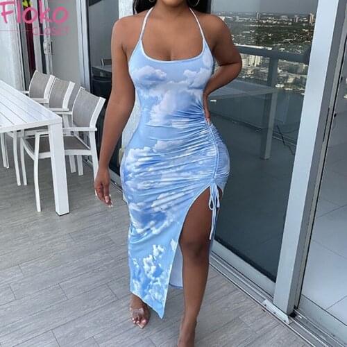 Flokocloset SexyTie Dye Print Backless Halter Maxi Dress Summer Sleeveless Party Club Drawstring Split Long Bodycon Dresses