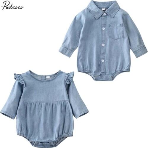 2020 Baby Spring Autumn Clothing Toddler Newborn Baby Girl Boys Denim Bodysuit Long Sleeve Solid Playsuits Solid Jumpsuit Outfit