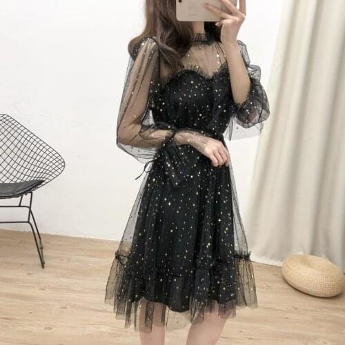 Korean Dress Glitter Sequin Dress Women Mesh Transparent Ruffle Sexy Party Dresses Elegant 2019 winter Korean Black Clothes Robe