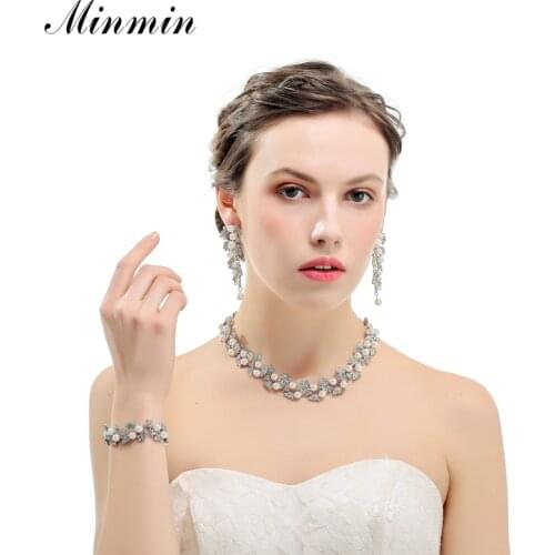Minmin Synthetic Pearl Leaves Bridal Jewelry Sets Crystal African Beads Jewelry Sets for Women Wedding Jewelry 2019 TL283+SL089