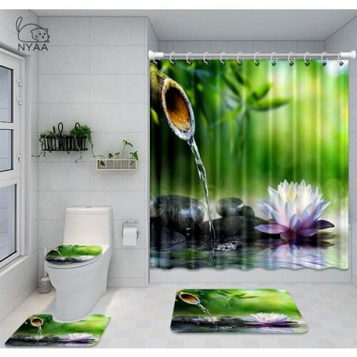 Zen Flower Candle Buddhist Printing Shower Curtain Set 4pcs Anti-slip Mat Toilet Cover Set Bathroom Decoration 4-piece Set