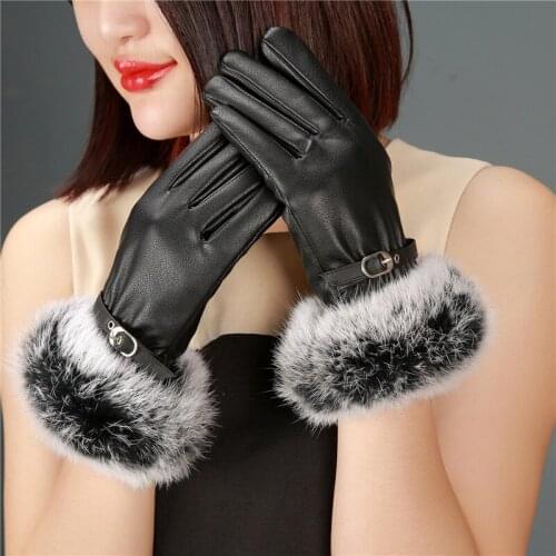 New brand 2016 Thickening Gloves Winter Womens PU Leather Warm Rabbit Fur wrist Mittens For women Lady