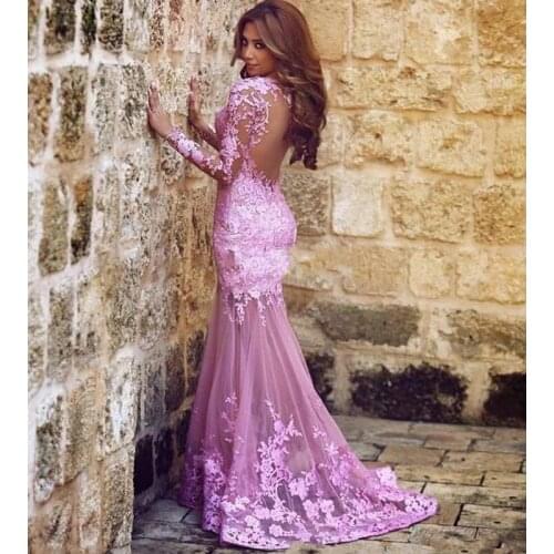Pink Muslim Evening Dresses Mermaid Long Sleeves Tulle Lace Islamic Dubai Saudi Arabia Long Evening Gown Prom Dress