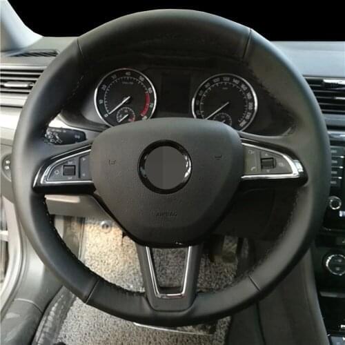 DIY Black Genuine Leather Car Steering Wheel Cover For Skoda Octavia 2017 Fabia 2016 2017 Rapid Spaceback 2016 Superb (3-Spoke)
