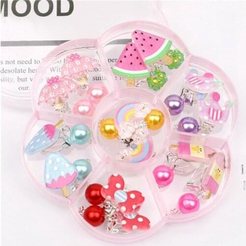 7 Pairs Mix Boxed Lovely Children Baby Girl Clip on Ear Acrylic Cartoon Fruit Ice Cream Non Pierced Earrings For Kids