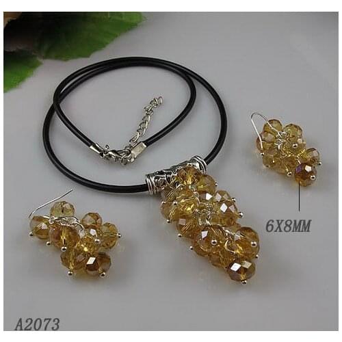 Unique Pearls jewellery Store,Black Leather Gold Crystal Beads Grape Necklace 925 Silver Dangle Earrings,Perfect For Woman Gift