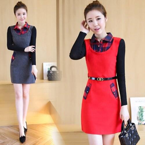 Spring and Autumn new womens casual fashion knitted woolen stitching thick long-sleeved A-line dress fake two