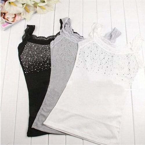 Girl Womens Rhinestone Sequin Lace Tank Top Sling Camisole Vest Slim Sleeveless Vest Casual Female Sexy Loose Solid Tops
