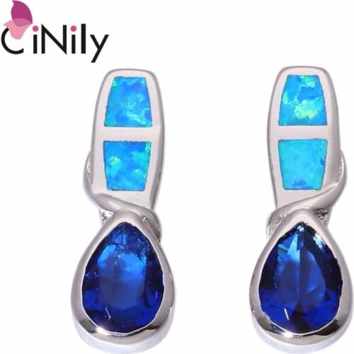 CiNily Created Blue Fire Opal Blue Stone Silver Plated Wholesale 2018 NEW Style for Women Jewelry Stud Earrings 16mm OH4453