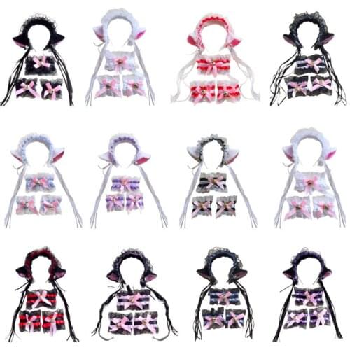 Female Girls Anime Lolita Cosplay Costume Plush Cat Ears Badnana Bowknot Bell Ruffles Lace Collar Necklace Wristband