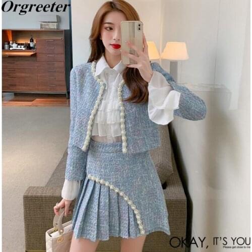Autumn New Blue Tweed Two piece set Women Short Beaded Jacket + Pleated A-line Skirt Set Casual Chiffon Shirt Plaid Woolen Suit