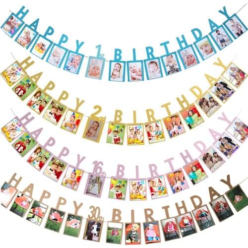 1 Set Happy Birthday Photo Banner DIY Paper Garland Banner for 1st 2nd 16/18/21/30/40/50/60th Birthday Party Flag Supplies