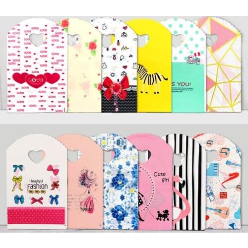 13x21cm Jewelry Plastic Lace Handle Bags 50pcs Mini Cute Wedding Gift Shopping Packaging Plastic Heart Handle Thick Bags