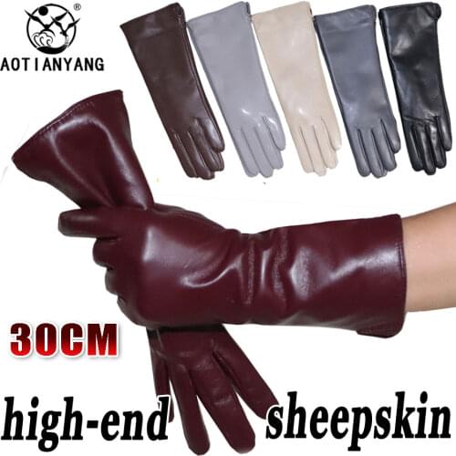 AOTIANYANG Leather Gloves 100% sheepskin mid-length colored fleece for cold and warm winter womens long arm sleeves for driving