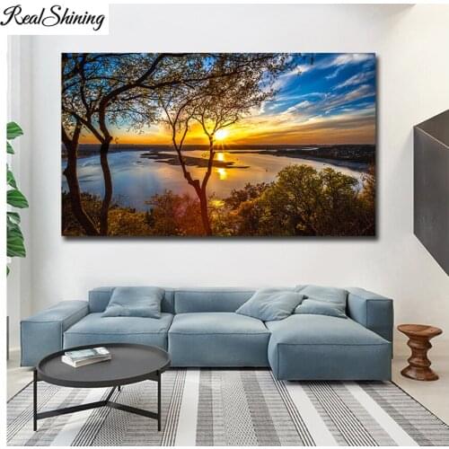 Large DIY Diamond Painting Sunrise Trees 5D Cross Stitch diamond embroidery natural scenery diamond mosaic Wall sticker FS7199