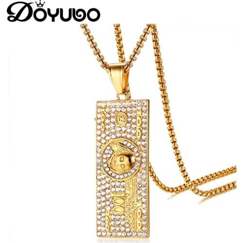 DOYUBO New Arrival American Dollars Shape Pendant Necklace With Shiny Rhinestone For Men Gold Stainless Steel Charm Chains DC239