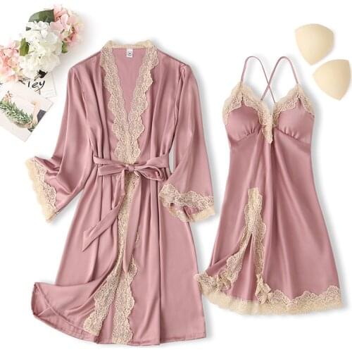 Pink Lace Trim Wedding Robe Set Women Sleepwear Nightgown Two Piece Spring Summer Silk Satin Kimono Bathrobe Gown Loose Homewear