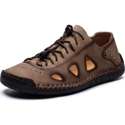 Men Shoes Summer Handmade Leather Hollow out Sandals Outdoor Beach Classic Casual Shoes Anti-slip Hiking Sneakers Plus Size